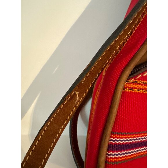 Handmade Guatemalan Red & Brown Leather Trim Backpack With Adjustable Straps - Picture 3 of 10